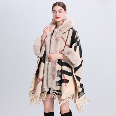 Women's Plaid Cashmere Fur Collar Cardigan Coat - Khaki Black Plaid Average Size - Women's Coats & Jackets - Carvan Mart