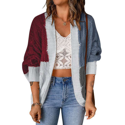 Color Stitching Knitted Cardigan Sweater Outside - Wine Red - Sweaters - Carvan Mart