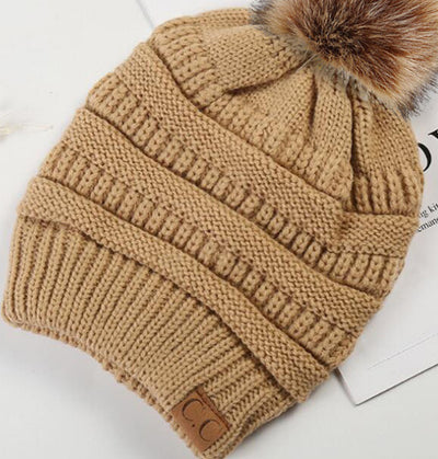 Warm Hat Thickening Not Fleece-lined Knitting Plus Fur Ball - Camel Average Size - Women's Hats & Caps - Carvan Mart