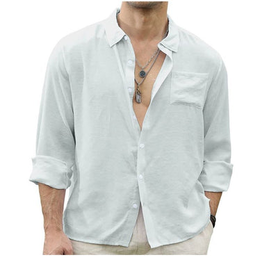 Trendy Linen Button-ups Men's Patchwork Cardigan Long Sleeve Shirt - White - Men's Shirts - Carvan Mart