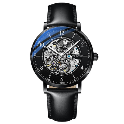 Men's Hollow Luminous Automatic Mechanical Watch - 8389 Black Shell Black Leather - Men's Watches - Carvan Mart