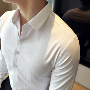 Sophisticated Striped Shirts Men's High-quality Long-sleeved Seamless Shirt - White - Men's Shirts - Carvan Mart