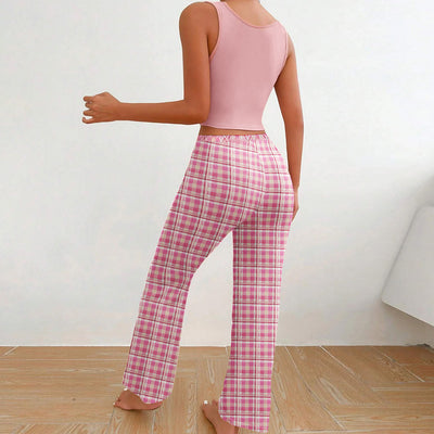 Women's Home Wear Vest Color Matching Plaid Trousers Letter Print Top Pajamas - - Suits & Sets - Carvan Mart