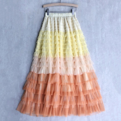 Women's Cake Skirt High Waist Contrast-color Ruffled Stitching Skirt