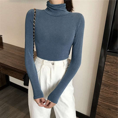 All-matching Solid Color Turtleneck Bottoming Shirt Women's Slim-fit Long Sleeve - Blue - Winter Tops - Carvan Mart