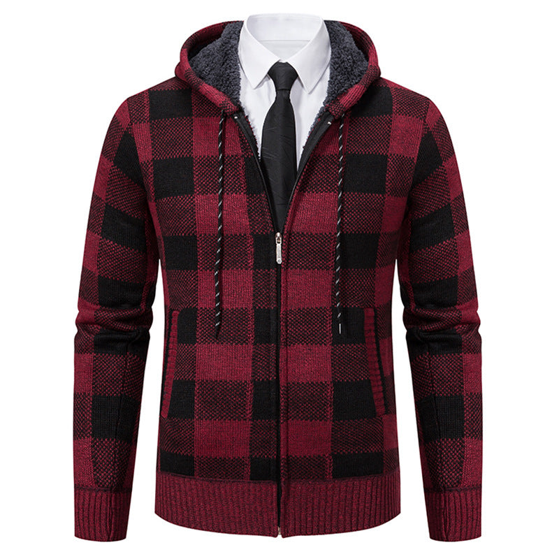 Men's Plaid Thickened Cardigan Sweater Coat - Carvan Mart