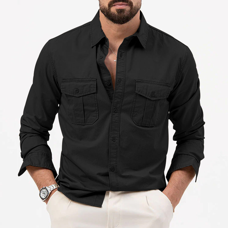 Men's Multi-pocket Solid Color Casual Long Sleeve Shirt - Versatile Lapel Cardigan - Black - Men's Shirts - Carvan Mart