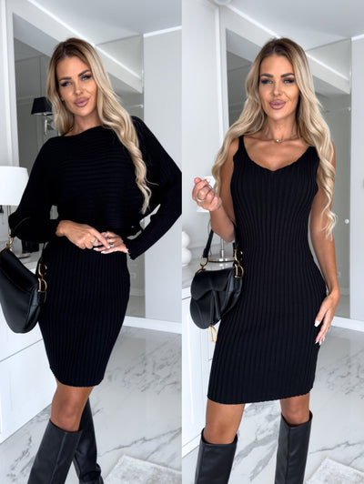 Women Dress with Blazer Sunken Stripe Top Suspender Skirt 2-Piece Suit - Black - Suits & Sets - Carvan Mart