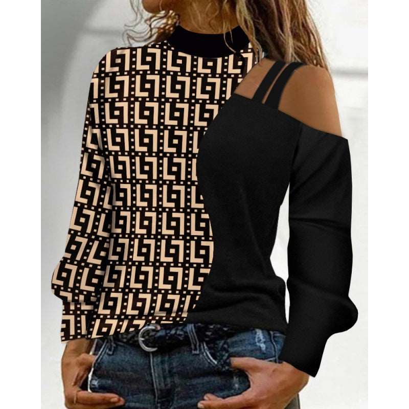 Autumn And Winter Simplicity Off-the-shoulder Colored Geometric Blocks Pattern Long Sleeve Top For Women - Carvan Mart