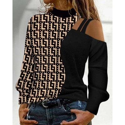 Autumn And Winter Simplicity Off-the-shoulder Colored Geometric Blocks Pattern Long Sleeve Top For Women - Khaki And Black - Sweaters - Carvan Mart