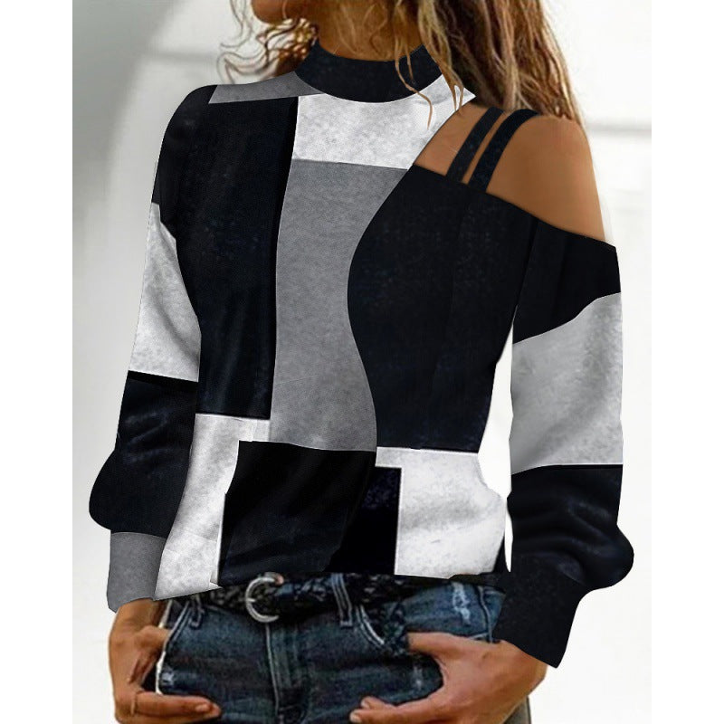 Autumn And Winter Simplicity Off-the-shoulder Colored Geometric Blocks Pattern Long Sleeve Top For Women - Black And Gray - Sweaters - Carvan Mart