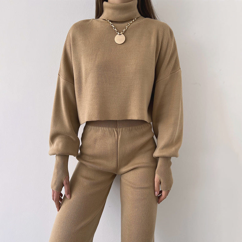 European Turtleneck Loose Long Sleeve Top Female Casual Fashion Suit Set - Khaki - Suits & Sets - Carvan Mart