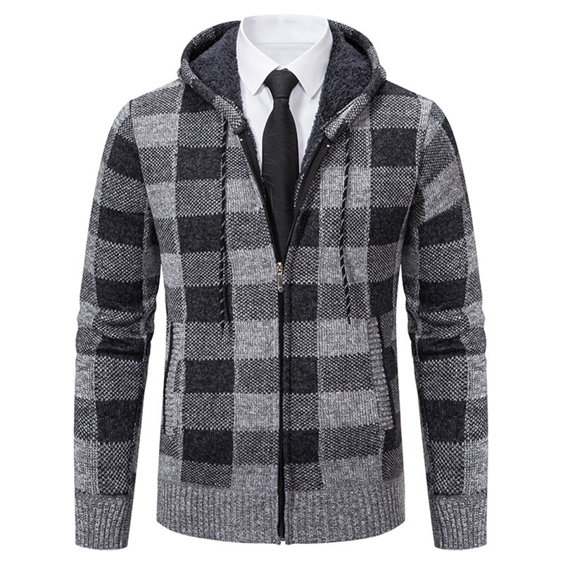 Men's Plaid Thickened Cardigan Sweater Coat - Carvan Mart