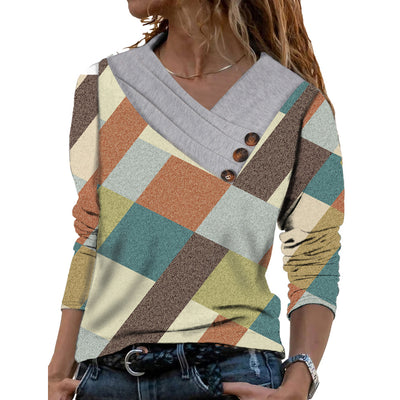 Women's Scarf Collar T-shirt With Long Sleeves Button Top - Colorful Rhombus Pattern - Winter Tops - Carvan Mart