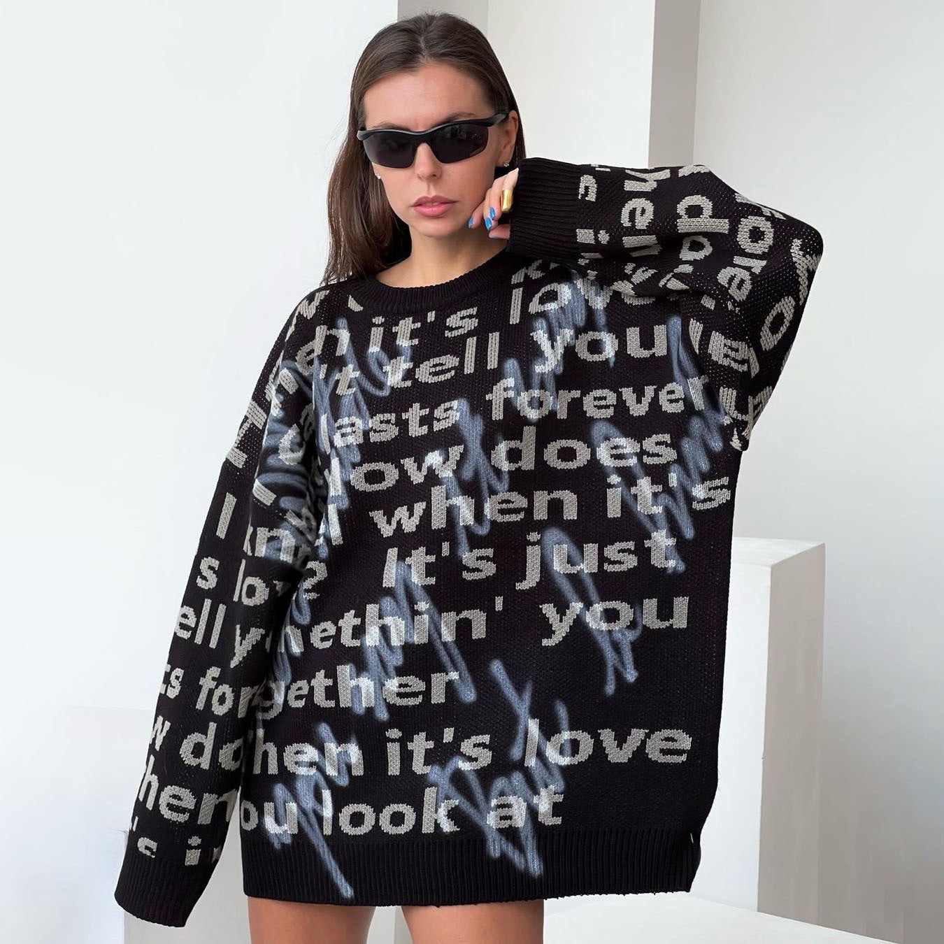 Women's Fashion Casual Loose Contrast Color Letter Embroidered Top - LS2832 Black Average Size - Winter Tops - Carvan Mart