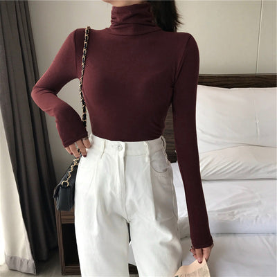 All-matching Solid Color Turtleneck Bottoming Shirt Women's Slim-fit Long Sleeve - Purplish Red - Winter Tops - Carvan Mart