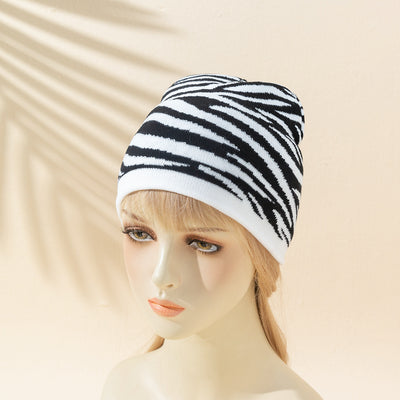 Women's Wild Casual Retro Leopard Zebra Print Cow Houndstooth Knitted Hat - Black And White Zebra Stripes M - Women's Hats & Caps - Carvan Mart