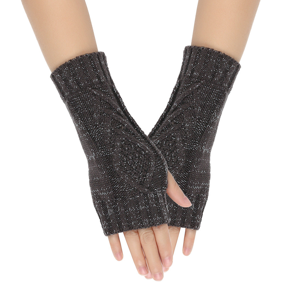 Shiny Silver Silk Knitting Wool Gloves Diamond-shaped Missing Finger - Dark Gray Average Size - Women Gloves & Mittens - Carvan Mart