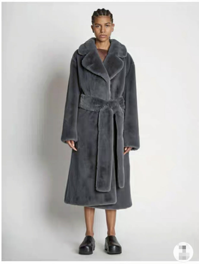 Long Rabbit Mink Fur Coat Jacket Women's Plush Turndown Collar Coat - Dark Gray - Women's Coats & Jackets - Carvan Mart