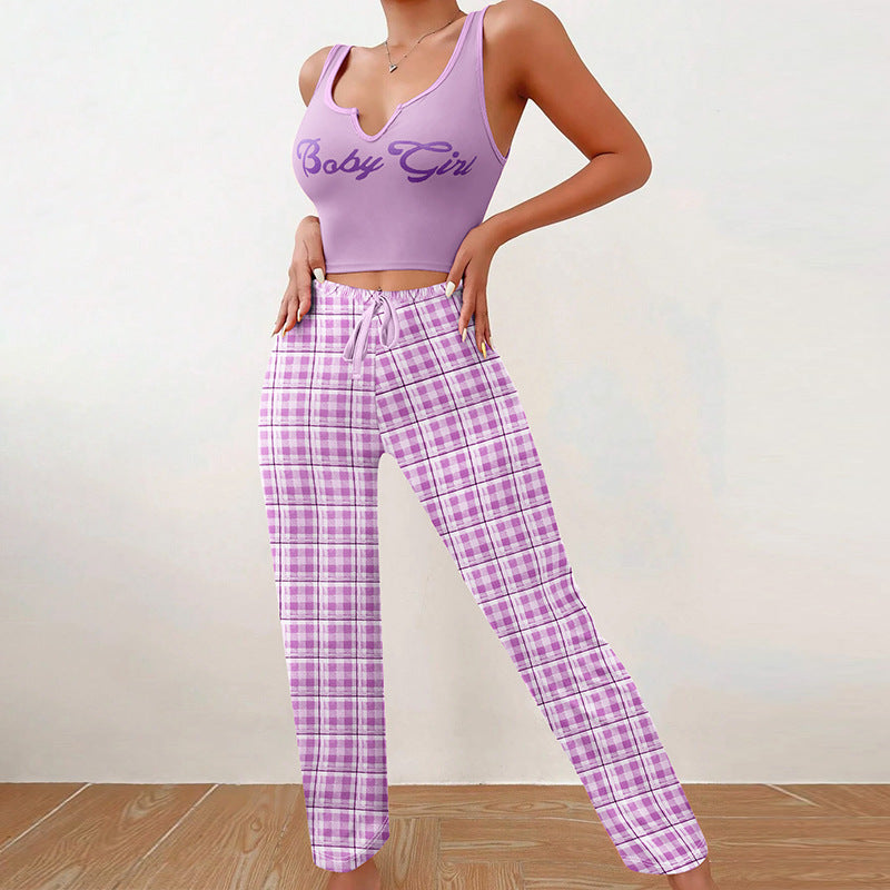 Women's Home Wear Vest Color Matching Plaid Trousers Letter Print Top Pajamas - 04 Purple - Suits & Sets - Carvan Mart