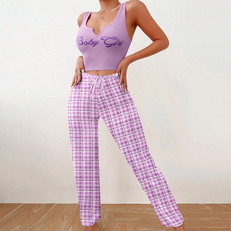 Women's Home Wear Vest Color Matching Plaid Trousers Letter Print Top Pajamas - Carvan Mart