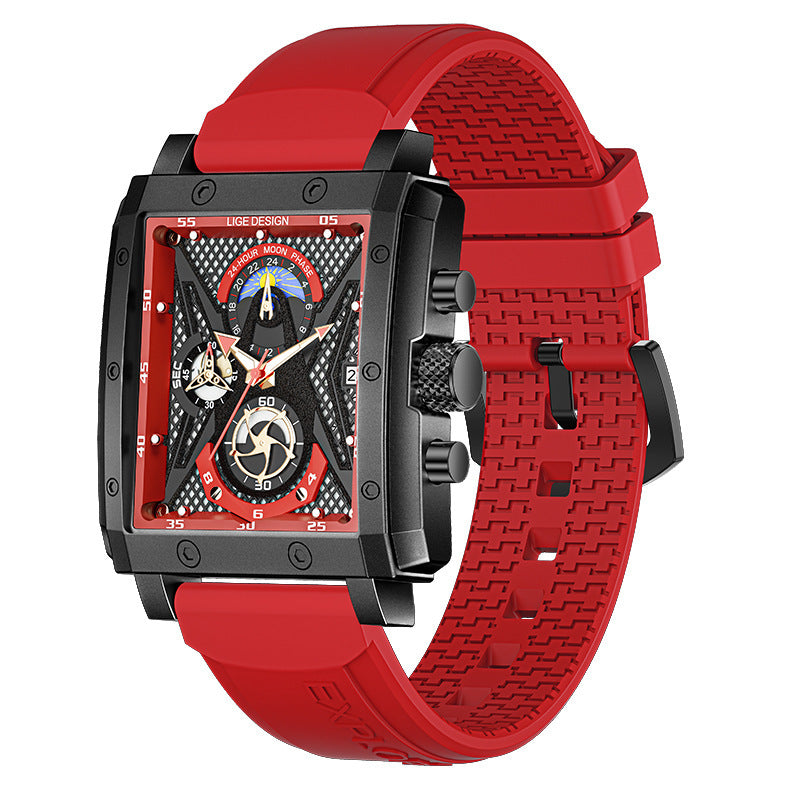 Square Men's Calendar Multifunctional Waterproof Quartz Watch - Tape Red Black - Women's Watches - Carvan Mart