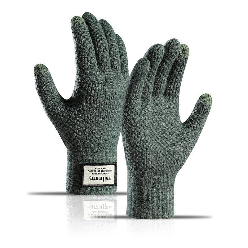 Men's Fashion Velvet Padded Thick Jacquard Warm Wool Touch Screen Gloves - Dark Green L - Men's Gloves - Carvan Mart