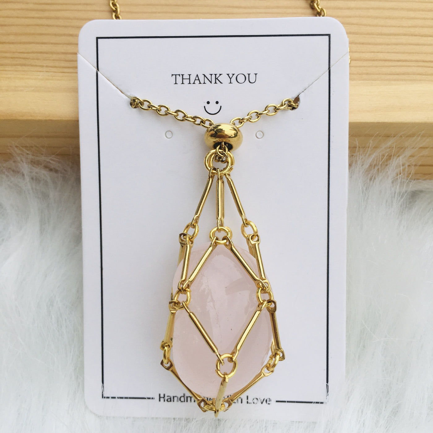 Fashion Jewelry Medium Natural Crystal Mesh Bag Bamboo Woven Necklace - Golden Pink Crystal - Necklaces - Carvan Mart
