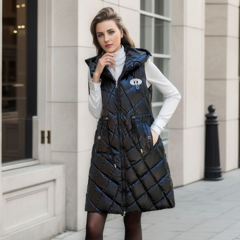 Mid-length Women's Glossy Cotton-padded Quilted Zipper Gilet Jacket Vest - Carvan Mart Ltd