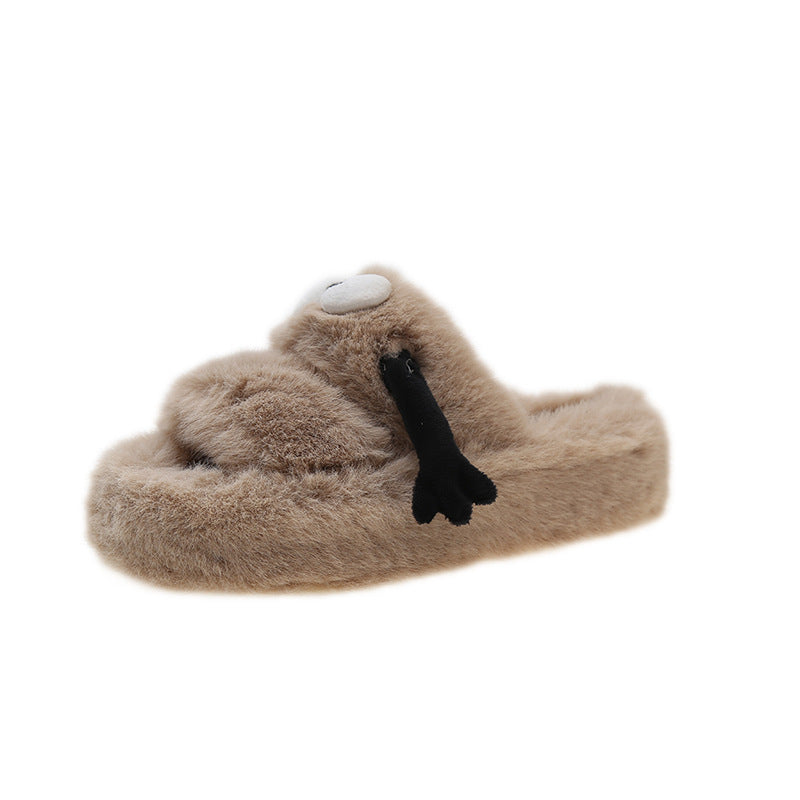 Fluffy Slippers Hand Holding Cute Cartoon Female Winter Shoes - Khaki - Women's Slippers - Carvan Mart