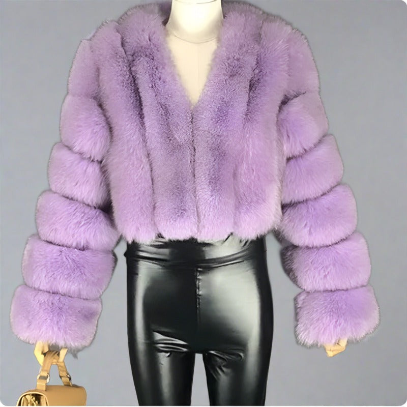 New Women's Coat Short Stitching Long Sleeve Fur Jacket - Light Purple - Leather & Suede - Carvan Mart