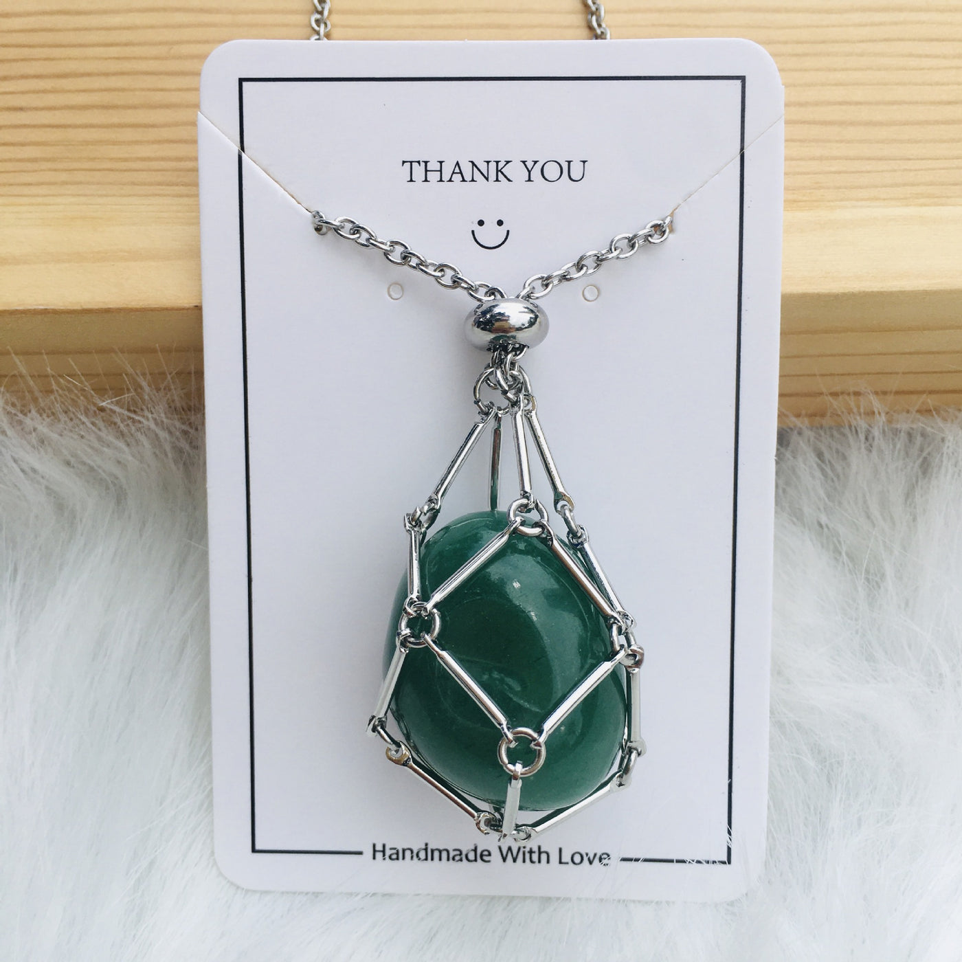 Fashion Jewelry Medium Natural Crystal Mesh Bag Bamboo Woven Necklace - Silver Green Aventurine - Necklaces - Carvan Mart