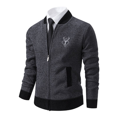 Men's Jacket Slim Stand Collar Elk Embroidered Cardigan Coat - Dark Gray - Men's Jackets & Coats - Carvan Mart