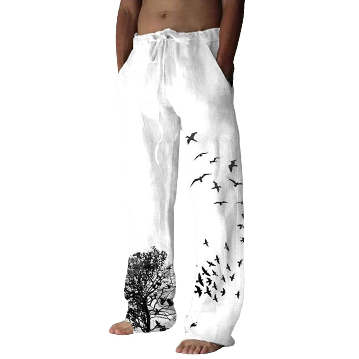 Men's Casual White Linen Pants with Bird Print – Lightweight, Breathable, Relaxed Fit - - Men's Pants - Carvan Mart