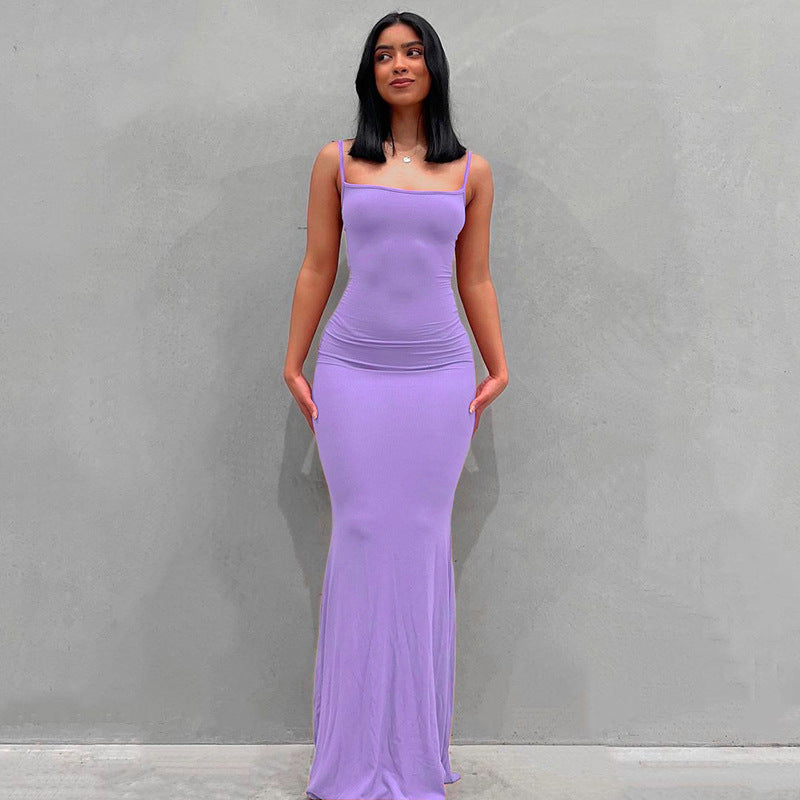 Satin Slip Sleeveless Backless Maxi Dress Bodycon Sexy Women's Dress - Light Purple - Dresses - Carvan Mart