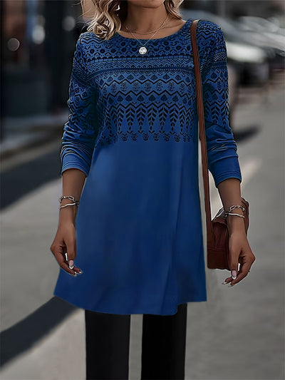 Women's Printed Long-sleeved Mid-length Knitted Top - Blue - Winter Tops - Carvan Mart