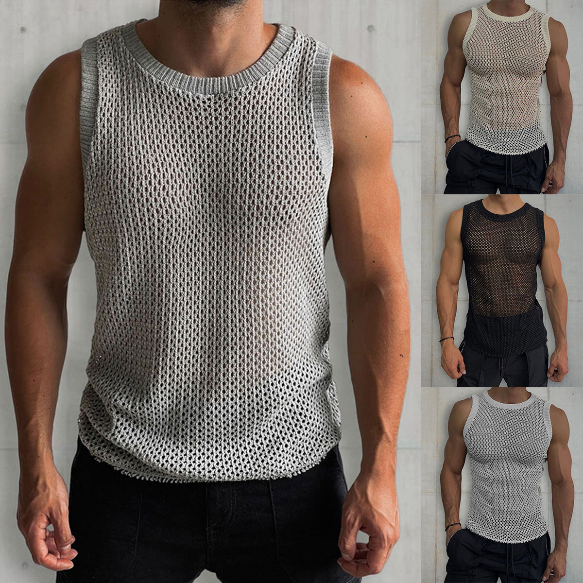 Men's Shirt Round Neck Sleeveless Hollow Knitted Vest - Carvan Mart