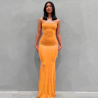 Satin Slip Sleeveless Backless Maxi Dress Bodycon Sexy Women's Dress - Orange - Dresses - Carvan Mart