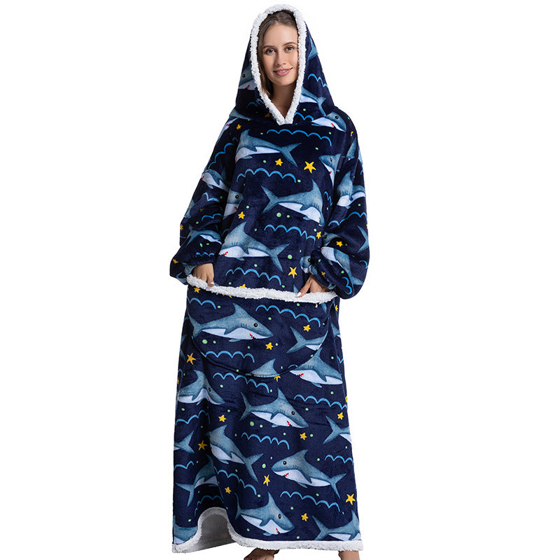 Animal Cartoon Extra Thick Lambswool Pajamas Hooded Lazy Blanket - Navy Blue Shark Average Size - Women's Coats & Jackets - Carvan Mart