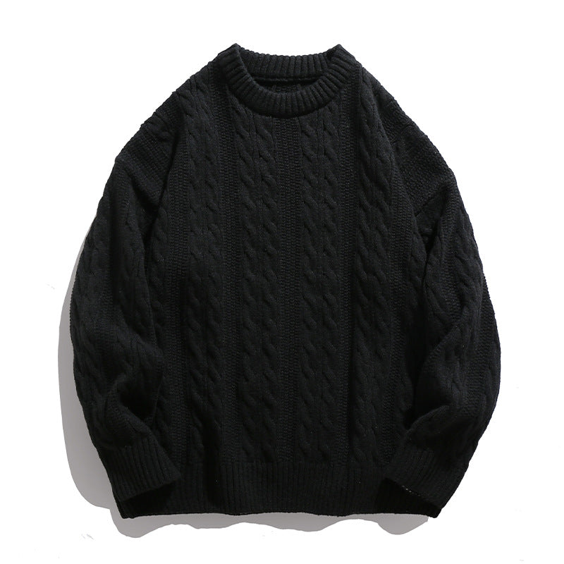 Men's Round Neck Loose Twisted Sweater Couple - Black - Men's Sweaters - Carvan Mart