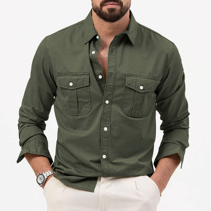 Men's Shirt Multi-pocket Solid Color Casual Long Sleeve Top
