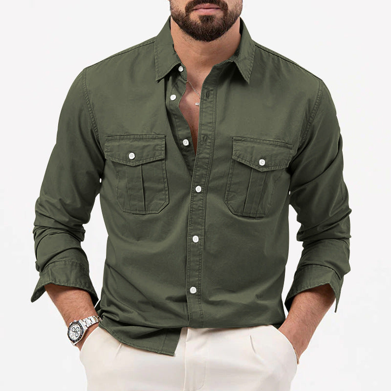 Men's Multi-pocket Solid Color Casual Long Sleeve Shirt - Versatile Lapel Cardigan - Army Green - Men's Shirts - Carvan Mart