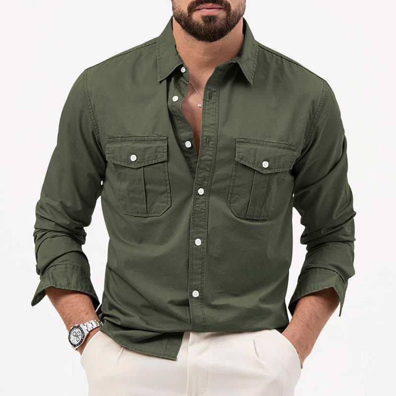 Men's Shirt Multi-pocket Solid Color Casual Long Sleeve Top - Carvan Mart