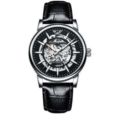 Hollowed Fashion Sports Waterproof Luminous Men's Mechanical Watch - 8386 Silver Case Black Belt - Men's Watches - Carvan Mart