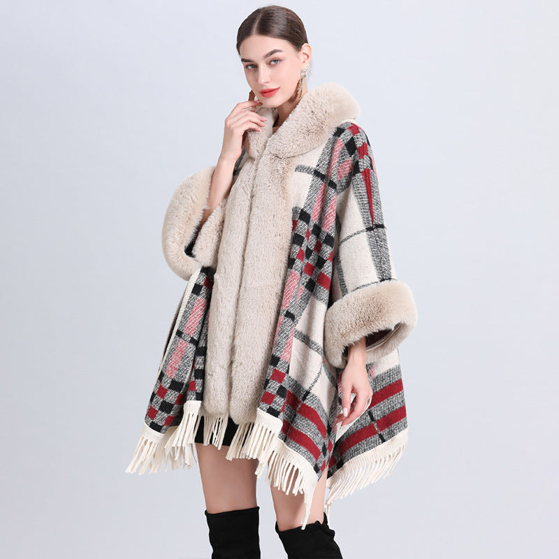 Women's Plaid Cashmere Fur Collar Cardigan Coat - Beige Plaid Average Size - Women's Coats & Jackets - Carvan Mart