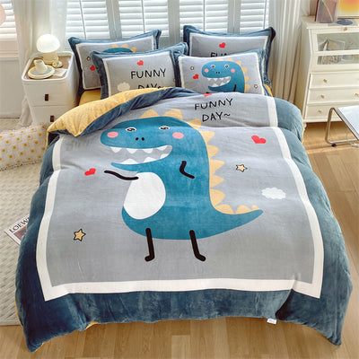 Large Version Milk Fiber Four-piece Set Autumn And Winter Thickening - Dinosaur Baby 18m Fitted Sheet - Bedding Sets - Carvan Mart