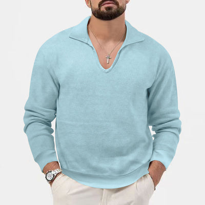 Waffle Casual Men's Henley Shirts Long-sleeved Loose T-shirt - Sky Blue - Men's Shirts - Carvan Mart