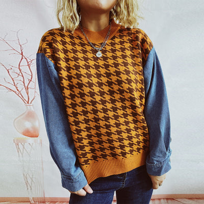 Women's Denim Sleeve Stitching Houndstooth Round Neck Long Sleeve Sweater - Carvan Mart