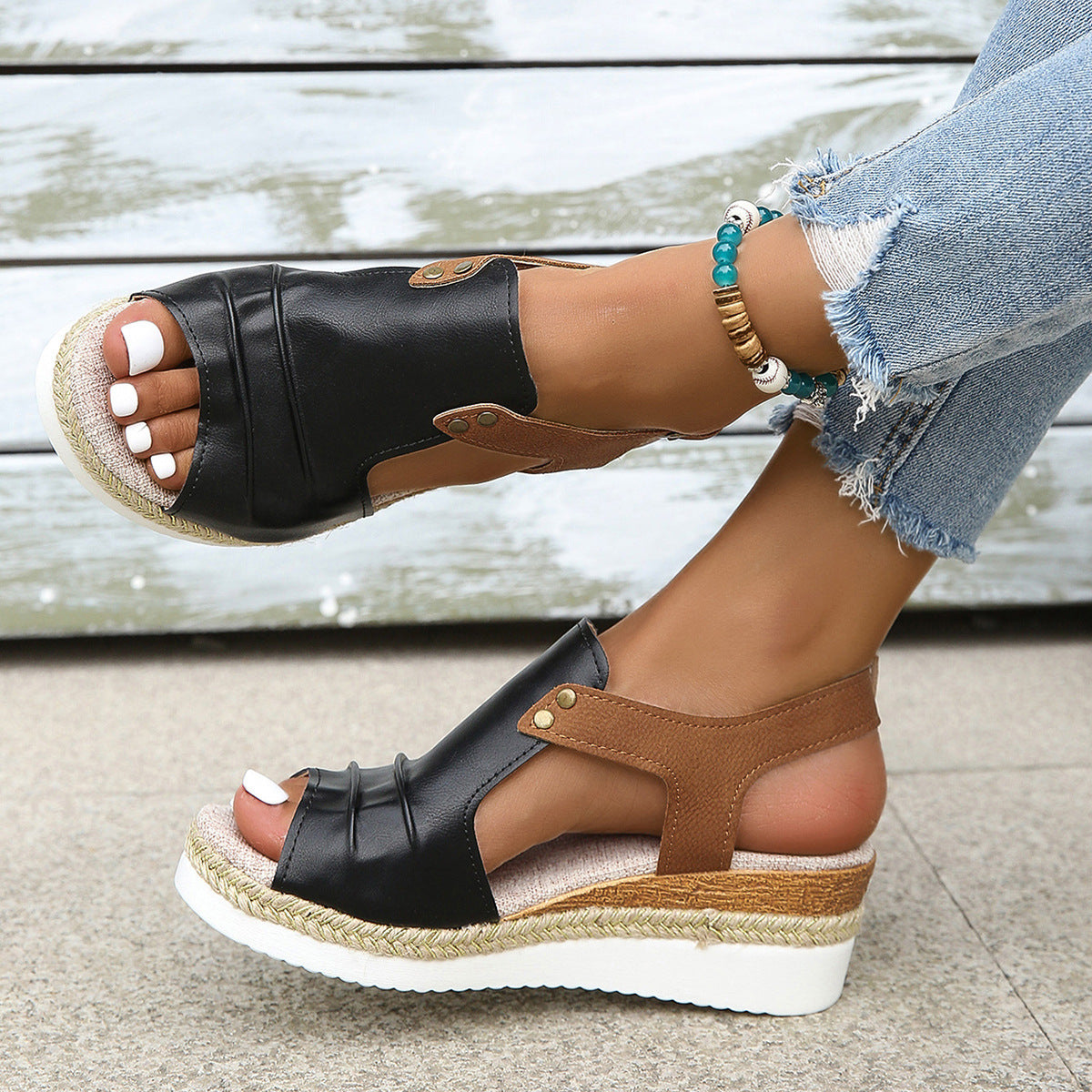 Women's Stylish Peep Toe Wedge Pleated Belt Buckle Platform Sandals - Carvan Mart