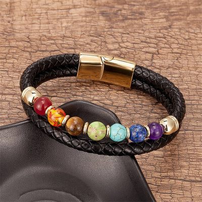 Colorful 8mm Stone Beaded Vintage Leather Natural Stone Bracelet - Carvan Mart
